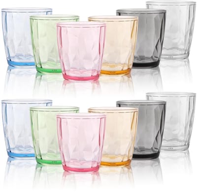 Dailygoods- Drinkglazen Set van 12 - Kleurrijk Acryl - 330 ml - Stapelbaar - Ideaal voor Water/Sap/IJskoffie - Hoogwaardig Materiaal - Bekers