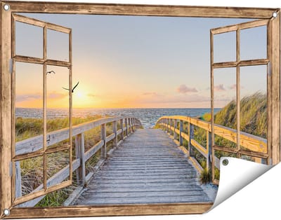 Gards Tuinposter Doorkijk Voetpad met Zee en Vogels - 90x60 cm - Tuindoek - Tuindecoratie - Wanddecoratie buiten - Tuinschilderij