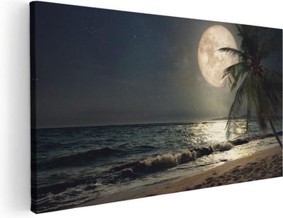Artaza Canvas Schilderij Strand - 40x20 cm - Klein - Wanddecoratie Zee - Muurdecoratie Volle Maan - Schilderijen Op Canvas Palmboom - Nachtelijk