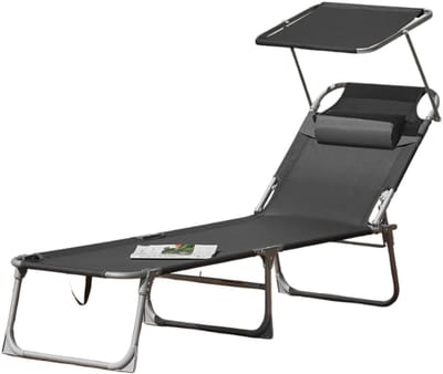 Stervia Tuinstoel Met Zonnedak - Ligstoel - Met Kussen - Opvouwbaar - Met Draagtas - Draagvermogen 150 Kg - Donkergrijs -193 x 30 x 62 cm