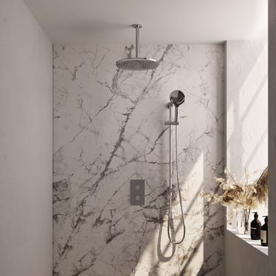 Brauer Chrome Carving thermostatische inbouw regendouche 3-weg omstelling SET 48 met 30 cm douchekop en plafondarm en 3-standen handdouche en doucheslang en geïntegreerde glijstang chroom