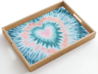 Dienblad hout 50x35 cm - Schootdienblad - Hartvormig - Tie dye - Pasteltinten - Lichtgroen - Borrelplank rechthoek - Plateau dienbladen