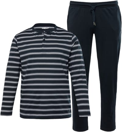 Men Plus - Heren - Pyjama Buikfit tweedelig Henley-shirt met lange mouwen - Navy blauw - Maat L