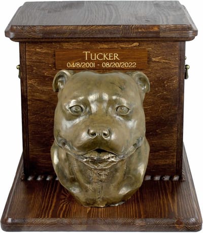 Houten urn hond voor Staffordshire Bull Terrier as, met hondenkop ontwerp