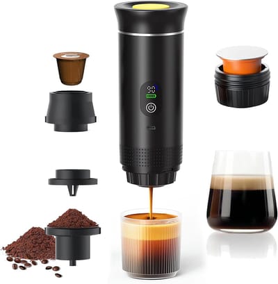 Draagbaar koffiezetapparaat, 3-in-1 elektrisch espressoapparaat, oplaadbaar, geschikt voor gebruik op de camping en in de auto, warmt snel op, geschikt voor K-Cup koffiecapsules en koffiedik, onmisbaar op reis.