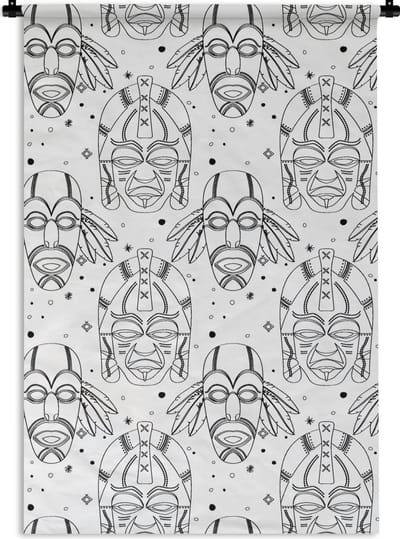 Wandkleed - Wanddoek - Inca - Maskers - Patroon - Zwart-wit - 60x90 cm - Wandtapijt