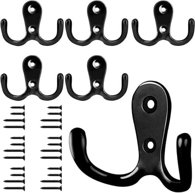 Set van 6 Retro Dubbele Wandhaken van Metaal in Zwart voor Kleding, Badkamer en Keuken met 24 Schroeven