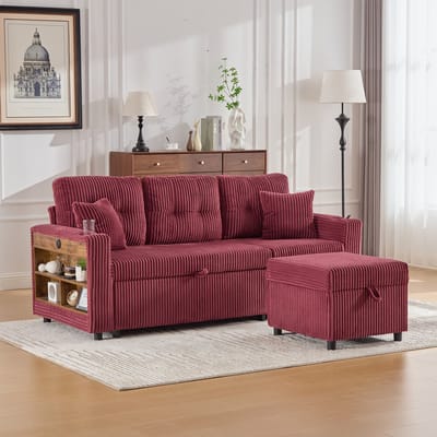 MODENUIT Slaapbank 196 x 82-144 x 85 cm - Uitschuifbaar, Met Opbergruimte en Usb-C - Woonkamer - Corduroy Wijnrood