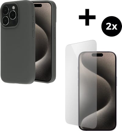 Mobiparts Silicone Cover hoesje geschikt voor Apple iPhone 15 Pro met 2 Screenprotectors van Gehard Glas - Grijs