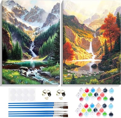 2 Stuks Landschap Schilderen op Nummer voor Volwassenen met Frame, DIY Acryl Schilderpakket voor Beginners, Creatieve Kunst en Ambachten, Perfecte Cadeaus
