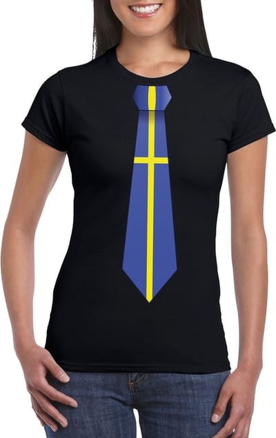 Zwart t-shirt met Zweedse vlag stropdas dames - Zweden supporter S