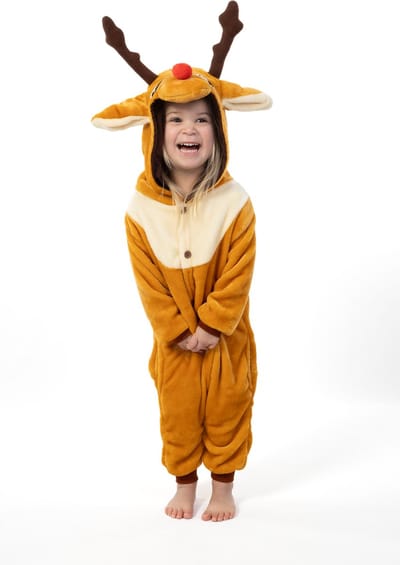 KIMU® Onesie Rendier Pak - Maat 140-146-152 - Rendierenpak Kostuum Bruin Eland Hert - Kerst Pyjama Kinder Huispak Zacht Jumpsuit Jongen Meisje Festival