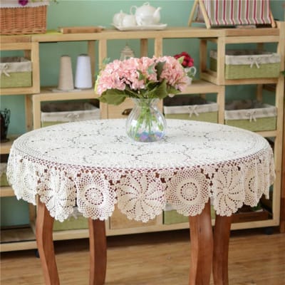 Gehaakt Tafelkleed - Katoen Tafeldecoratie - Tafel Verfraaien - Handgeweven Bloemmotief - 140cm Rond - Wit