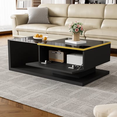 Wishdor - Salontafel - Open Opbergruimte En Ledverlichting - Modern - Voor Woonkamer - Spaanplaat En Glas - Zwart - 90 x 50 x 32,5 cm