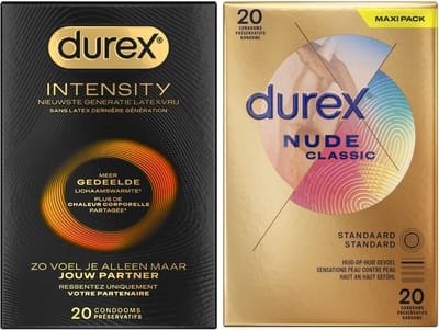 Durex - 40 stuks Condooms - Intensity Nieuwste generatie ultradun, gedeelde lichaamswarmte 20st - Nude Huid op Huid Gevoel 20st - Voordeelverpakking