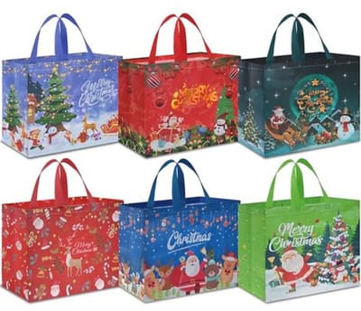 Kerstcadeauzakken met handgrepen – Multifunctionele niet-geweven kersttassen voor geschenkverpakking en kerstfeestbenodigdheden (6 stuks)