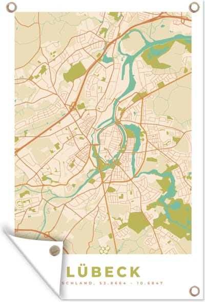 Muurdecoratie Lübeck - Plattegrond - Kaart - Vintage - Stadskaart - 120x180 cm - Tuinposter - Tuindoek