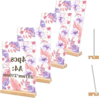 A4 Tafelsupport, 4 Stuks Acrylstand, L/T Vorm Prijsetiketten, Reclame Display met Houten Basis, Perfect voor Kantoor en Café, 21 x 29,7 cm, Ideaal voor Presentaties en Menu's
