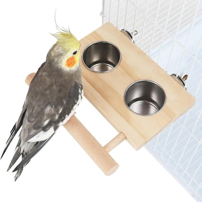 Houten Voederbak voor Vogels met Standaard, Voedingslepel en Accessoires voor Vogelkooi, Ideaal voor Voeden en Drinken van Huisdieren