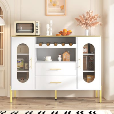 Wit sideboard met glazen deuren en wijnrek – Modern design voor eetkamer & woonkamer, verstelbare poten, veel opbergruimte, 120×38×90 cm