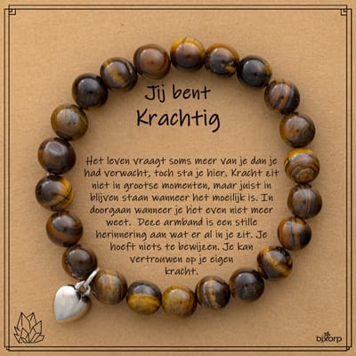 Bixorp Tijgeroog Armband op Cadeau Kaartje - Jij bent Krachtig - 8mm / 17cm Edelsteen Kralenarmband - Met hartje Hanger - Inclusief Cadeau Envelop