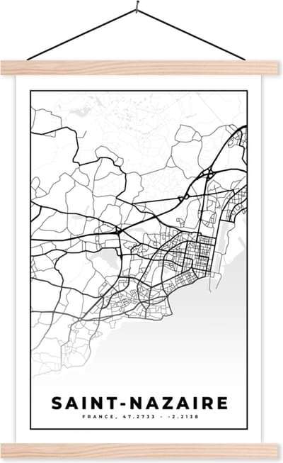Posterhanger incl. Poster 40x60 cm - Schoolplaat - Plattegrond - Saint-Nazaire - Kaart - Frankrijk - Stadskaart - Zwart wit - Textielposter - Blanke latten - Stadskaart