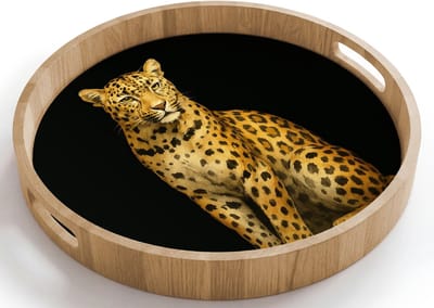 Dienblad rond 40x40 cm - Schootdienblad hout - Panter - Realistisch - Bruin - Borrelplank rechthoek - Plateau houten dienbladen