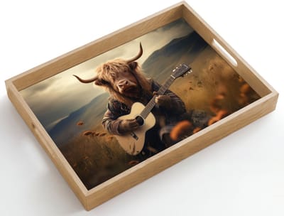 Dienblad hout 50x35 cm - Schootdienblad - Schotse hooglander - Gitaar - Bloemen - Bergen - Borrelplank rechthoek - Plateau dienbladen