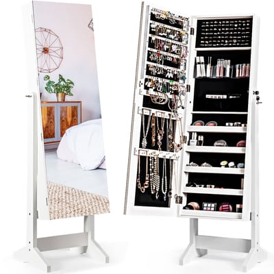 COSTWAY Sieradenkast afsluitbaar, vrijstaande spiegelkast met full-body spiegel, sieradenorganizer kantelbaar voor make-up, 41 x 36,5 x 146 cm (wit)