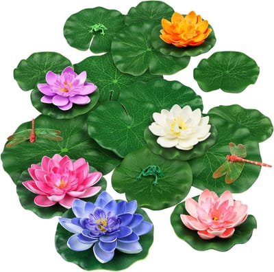 22 Pcs Kunststof Drijvende Foam Lotus Bloemen met Kikker en Leliebladeren voor Vijverdecoratie en Tuinornamenten, Kleurrijke Waterplanten
