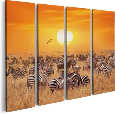 Artaza Canvas Schilderij Vierluik Kudde Zebra's Bij Een Oranje Zonsondergang - 80x60 - Foto Op Canvas - Canvas Print