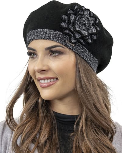 Vivisence Dames Baret - Wollen Mix Met Bloemdetail Voor Elegante Look En Zachte Touch - Comfortabele Warme Pasvorm Voor Dagelijks Gebruik En Prettige Bescherming In Koel Weer Buiten - Zwart