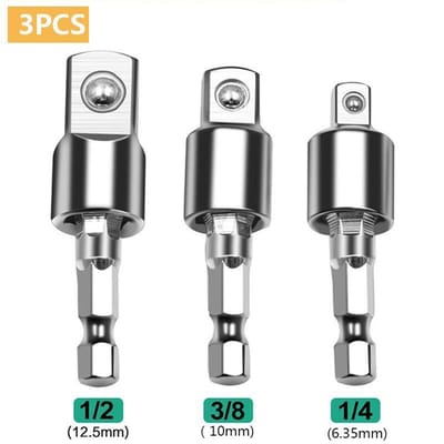 3 stuks/set Roterend universeel gewricht van elektrische boormachine luchtschroevendraaier adapter draaibaar vierkant dop omzetgereedschap voor slagschroevendraaier zilver