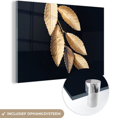 MuchoWow® Glasschilderij 150x100 cm - Schilderij acrylglas - Bladeren - Zwart - Goud - Luxe - Planten - Foto op glas - Schilderijen