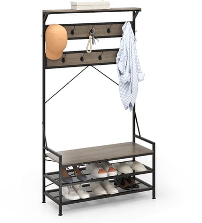 COSTWAY 184 cm kapstok met schoenenrek, schoenenrek met garderobe, kledingrek met zitbank, incl. 11 haken, voor hal, woonkamer, slaapkamer, metalen frame (grijs)