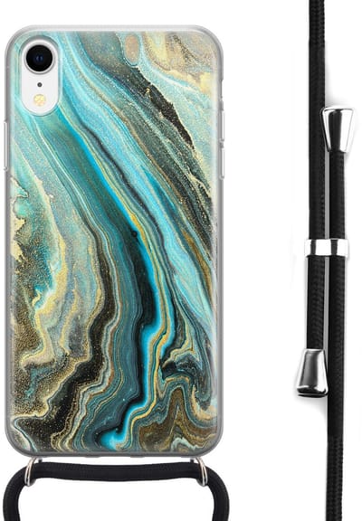 Hoesje met koord - Geschikt voor iPhone XR - Marmer mint - Verstelbaar zwart koord - Transparant - Marmer - Leuke Telefoonhoesjes