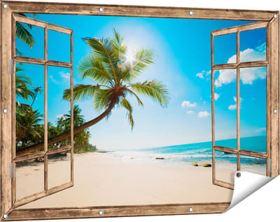 Gards Tuinposter Doorkijk Tropisch Strand en Zee in Sri Lanka - 120x80 cm - Tuindoek - Tuindecoratie - Wanddecoratie buiten - Tuinschilderij