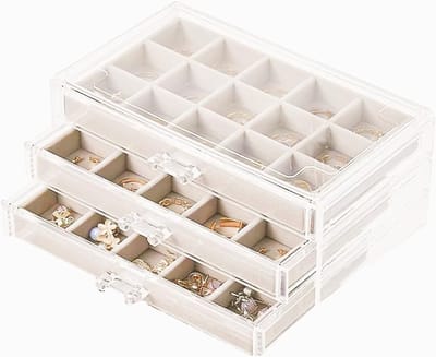 Transparante oorbelhouder en sieradenorganizer met 5 lades voor vrouwen en meisjes, acryl box voor sieradenopslag en -organisatie (beige)