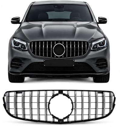 Panamericana GT Grill Geschikt voor Mercedes GLC X253 & GLC Coupé C253 2015-2019 – Hoogglans Zwart met Chromen Verticale Spijlen – 360° Camera & Distronic