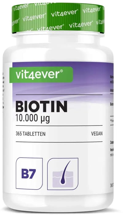 Biotine 10.000 mcg – 365 tabletten – Hooggedoseerd Vitamine B7 – Voor Haar, Huid & Nagels – Pure formule – Vegan – Jaarvoorraad – Laboratorium getest – Vit4ever