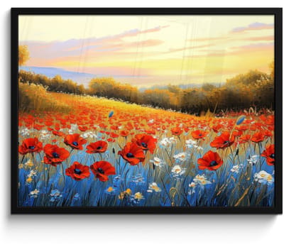 Poster in lijst - Fotolijst 70x50 cm - Posters - Klaproos - Bloemenveld - Kleurrijk - Posterlijst zwart - Decoratie - Wanddecoratie woonkamer - Muurdecoratie slaapkamer