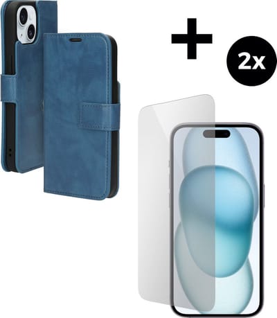 Mobiparts Classic Wallet hoesje geschikt voor Apple iPhone 15 met 2 Screenprotectors van Gehard Glas - Blauw