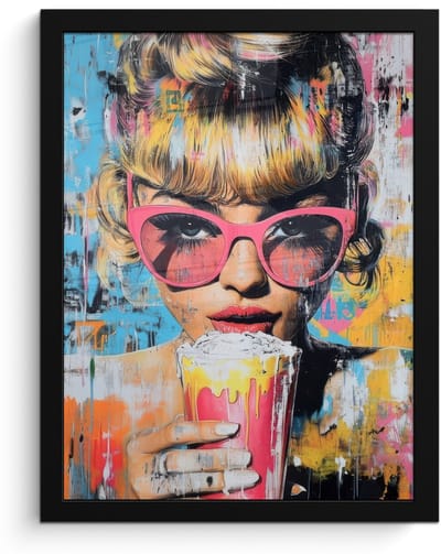 Poster in lijst - Fotolijst 30x40 cm - Posters - Zonnebril - Vrouw - Kleurrijk - Verfspetters - Posterlijst zwart - Decoratie - Wanddecoratie woonkamer - Muurdecoratie slaapkamer
