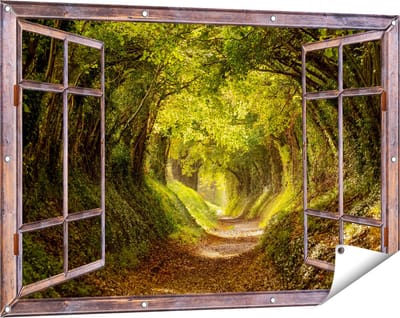 Gards Tuinposter Doorkijk Pad in het Bos met veel Bladeren - 120x80 cm - Tuindoek - Tuindecoratie - Wanddecoratie buiten - Tuinschilderij
