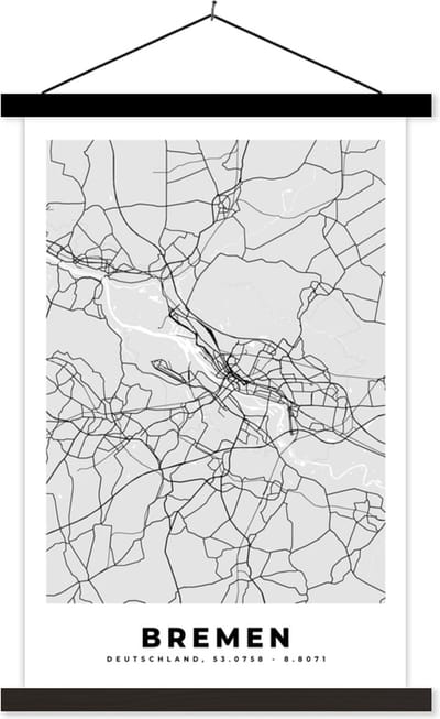 Posterhanger incl. Poster 40x60 cm - Schoolplaat - Bremen - Kaart - Stadskaart - Plattegrond - Duitsland - Textielposter - Zwarte latten - Stadskaart