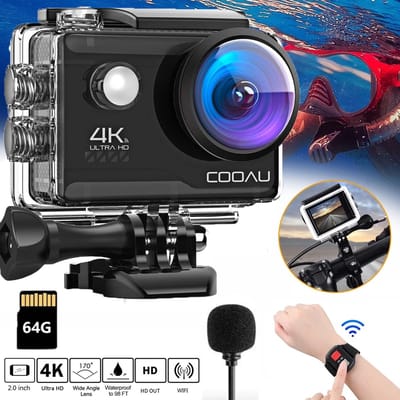 Action Camera 4K - 20MP / 60FPS / WiFi / 40M Waterdicht - Actiecamera - Onderwatercamera - Externe Microfoon - Inclusief Accessoires - Gratis App - Onderwatercamera - Beeldstabilisatie EIS - Lader - Afstandsbediening - Inch.64GB Karte
