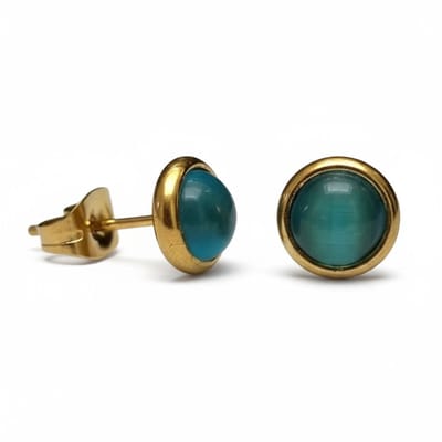 Aramat Jewels | Oorbellen | Kattenoog Oorbellen 8mm – Blauw/Groen Goudkleurig | | | |8mm | Staal | Kinderen, Volwassenen | Verkleurd niet