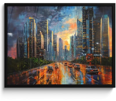 Poster in lijst - Fotolijst 70x50 cm - Posters - Auto - Skyline - Zon - Blauw - Posterlijst zwart - Decoratie - Wanddecoratie woonkamer - Muurdecoratie slaapkamer