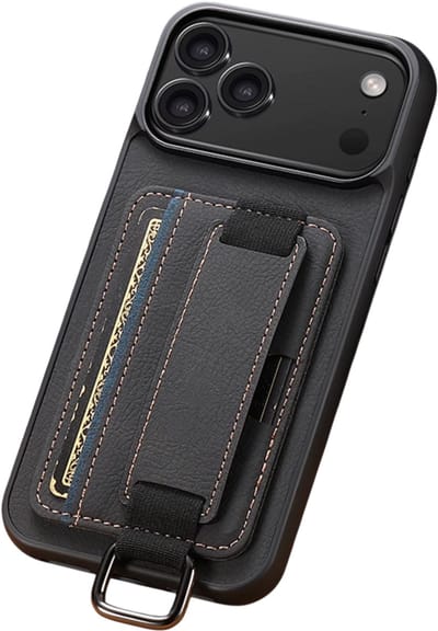 Premium Kunstleren iPhone 17 Hoesje – Geschikt voor iPhone 17 met Polsband, Ringgesp, Kaarthouder & Standfunctie – Veilig, Handig en Perfect voor Onderweg-Zwart