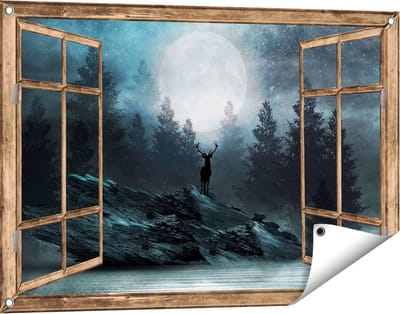 Gards Tuinposter Doorkijk Hert op een Rots tijdens Volle Maan - 90x60 cm - Tuindoek - Tuindecoratie - Wanddecoratie buiten - Tuinschilderij